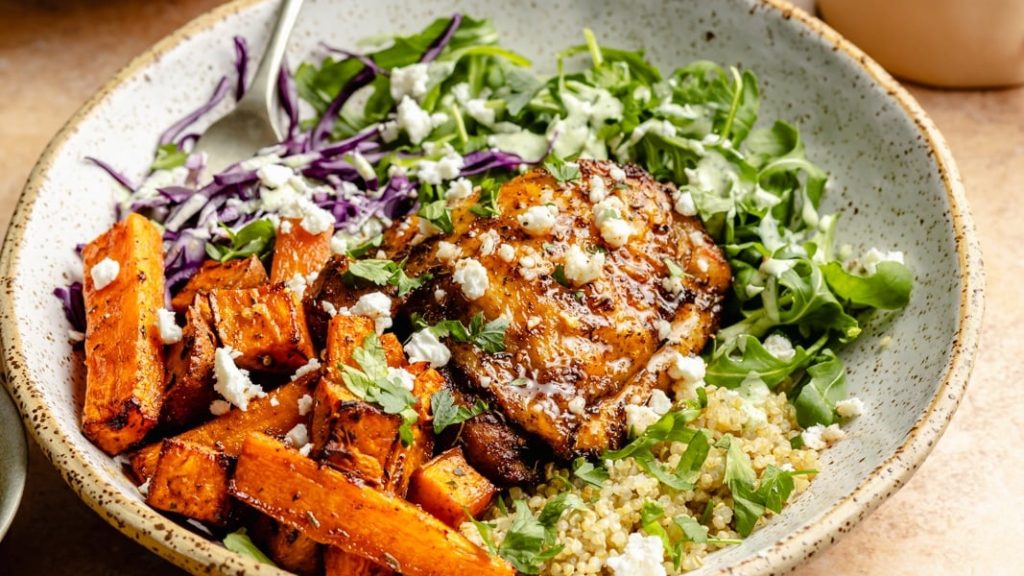 Sheet Pan Hot Honey Chicken Bowls