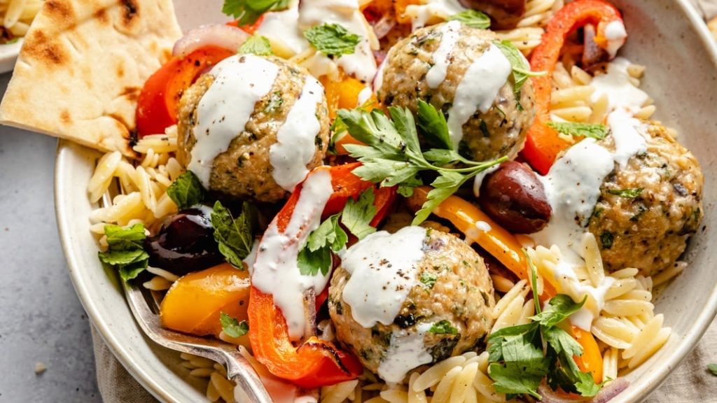 Greek Turkey Meatballs with Orzo & Feta Sauce